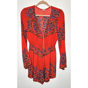 En Crème Womens Romper Shorts Medium Orange Floral Tie Neck Long Sleeve Boho